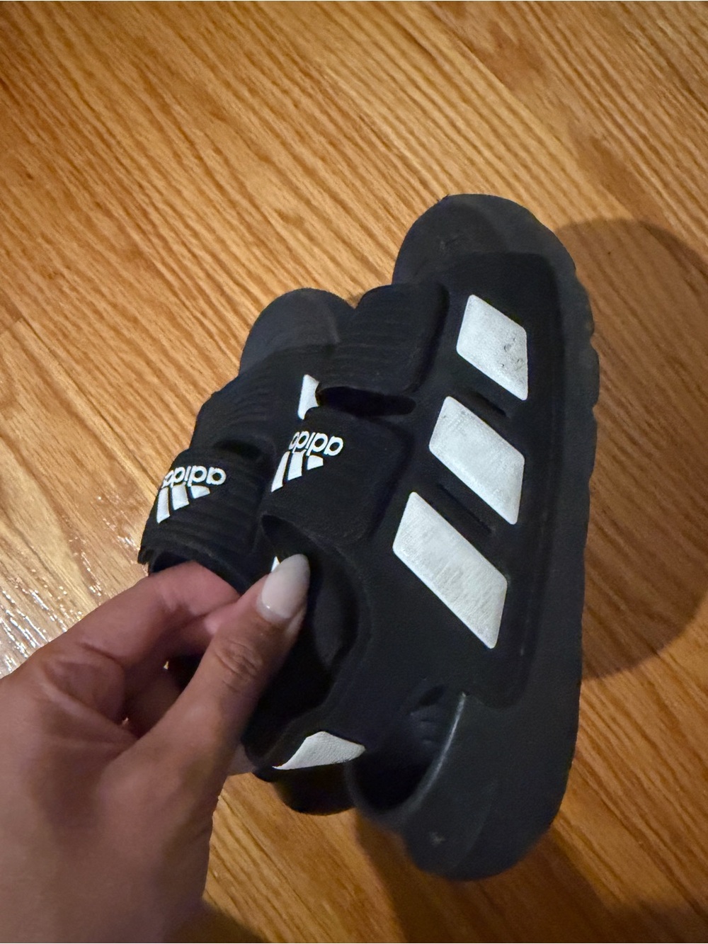 adidas Black Kids Slide Sandals with White Three-Stripes